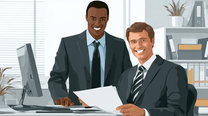 clean modern bank office interior, slightly close up composition, two diverse people in formal suits, one black and one white, friendly smile, one holding documents