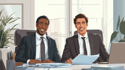 clean modern bank office interior, slightly close up composition, two diverse people in formal suits, one black and one white, friendly smile, one holding documents