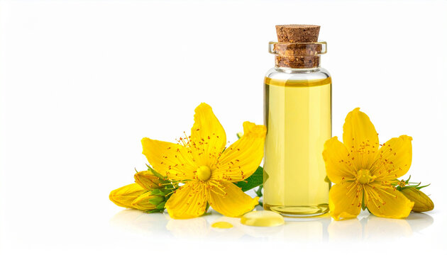 Hypericum perforatum oil bottle with fresh yellow St. John&rsquo;s wort flowers isolated on white background, copy space. Medicinal plant used in herbal medicine, skincare, aromatherapy, natural remedies.