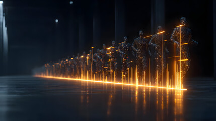 concept showing abstract human figures interacting with floating analytics and glowing information layers