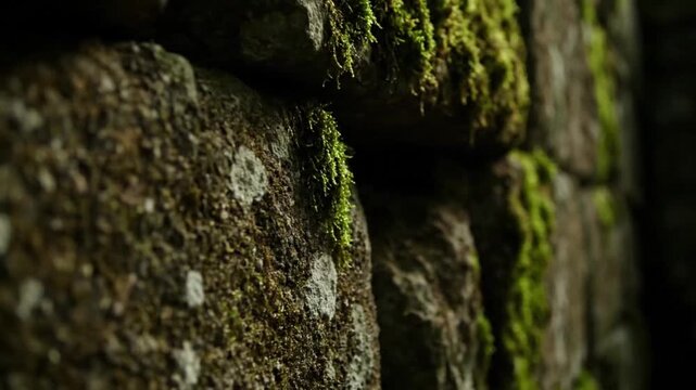 Moss covered stone wall with lichen