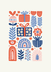 Fototapeta premium Merry Christmas and Happy New Year illustration. Modern trendy Matisse minimal style. Hand drawn design for wallpaper, wall decor, print, postcard, cover, template, banner.