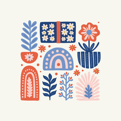 Fototapeta premium Merry Christmas and Happy New Year illustration. Modern trendy Matisse minimal style. Hand drawn design for wallpaper, wall decor, print, postcard, cover, template, banner.