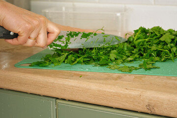 Person Chopping parsley bunch. Female cut greens with sharp knife at home kitchen. Woman hands cutting fresh aromatic herbs for cooking. Preparing food. Healthy food ingredient. Ecological products.