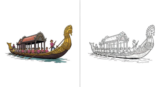 Golden Dragon Headed Boat with Crew and Greeters in Color and Black and White Sketch Set