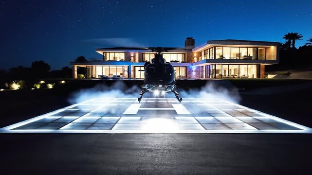 Modern helicopter landing on an illuminated private helipad in front of a luxury villa at night for an exclusive lifestyle concept and affluent travel
