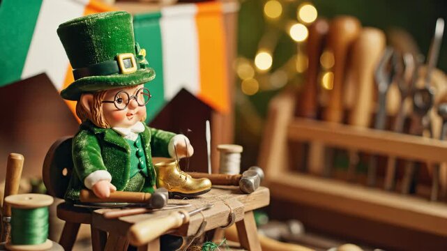 Leprechaun figure working on golden boot at workbench, showcasing process of making shiny footwear for saint patrick day.