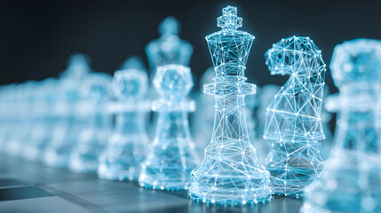 concept with abstract chess pieces made of light, representing competition and smart business moves