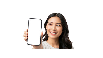 Smiling woman showing phone with blank screen
