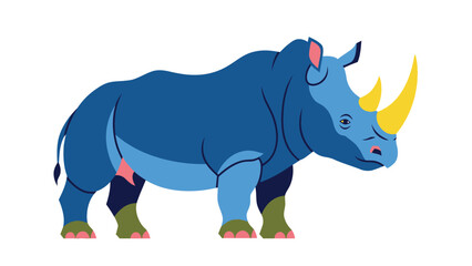 Fototapeta premium Stylized illustration of a large blue rhinoceros featuring prominent bright yellow horns and subtle pink and green accents on its feet and ears