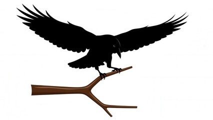 Obraz premium Silhouette of a Raven Perched on a Branch with Wings Spread Wide at Dusk