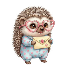Obraz premium Cute cartoon hedgehog character wearing heart-shaped glasses and floral pajamas holding an envelope with a rose, isolated on white background