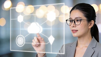 Woman interacting with digital cloud network interface