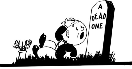 Fototapeta premium Child Mourning at Grave in Cartoon Style