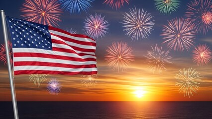American flag waving majestically against a vibrant sunset sky filled with colorful fireworks celebrating a national holiday
