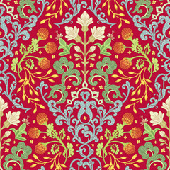 Vibrant, multicolored design with symmetrical, decorative plants on  red background.