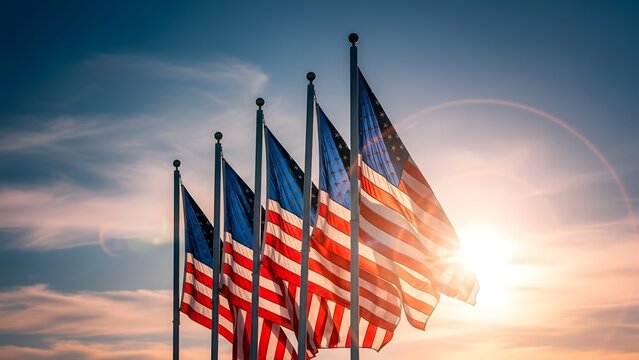 American flags proudly wave at sunset, symbolizing freedom and national pride