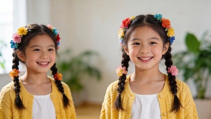 Two smiling girls with flower crowns