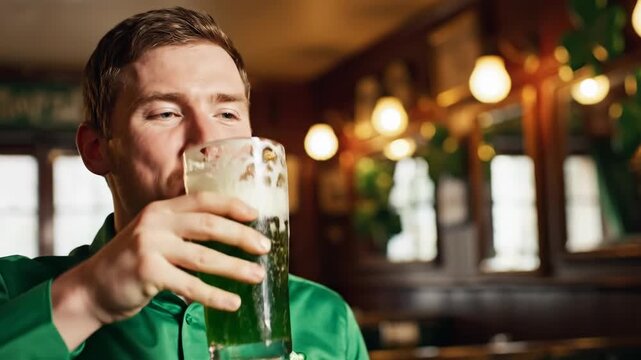 Caucasian man chugging green beer on St. Patricks Day in a pub and smiling. Celebration and holiday concept.