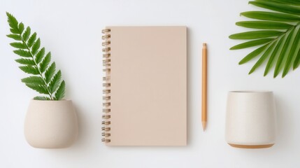 Minimalist Workspace Arrangement, a flat lay display featuring a recycled paper notebook, wooden pen, and elegant natural elements for an eco-friendly aesthetic.