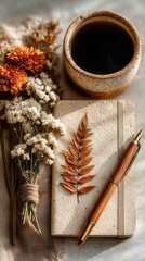 Minimalist Workspace Arrangement, featuring a recycled paper notebook, wooden pen, and organic elements, designed for creativity and inspiration in a clean, uncluttered space