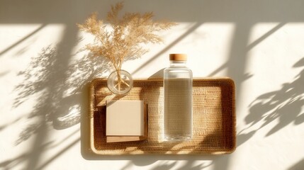 Eco-friendly flat lay arrangement, showcasing a sleek glass water bottle, a textured rattan tray, and a minimalist beige paper organizer for sustainable living.