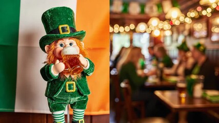 Leprechaun doll holding beer in front of Irish flag, with blurred people in bar celebrating Saint Patrick day
