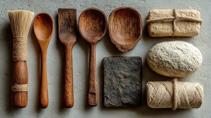 Eco-friendly flat lay with wooden tools, beige paper, cotton rope for texture, minimalist design, inviting atmosphere, suitable for sustainable living themes.