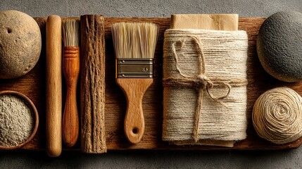 Eco-Friendly Flat Lay with Wooden Tools, Beige Paper, Cotton Rope, Textural Elements, Open Space for Creative Arrangement, Inviting and Sustainable Aesthetic