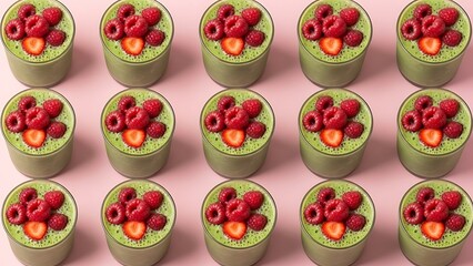 Fototapeta premium Array of matcha tarts with berries