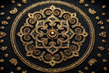 Naklejka premium A luxurious decorative pattern in the form of a symmetrical mandala, executed in golden tones against a dark, textured background. 
