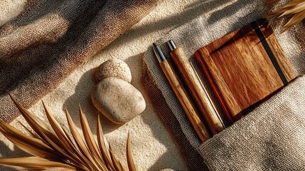 Warm flat lay of wooden office tools arranged on a soft linen cloth, displayed on a beige textured surface, inviting simplicity and calmness in a workspace.