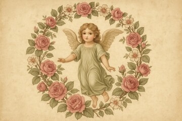 Fototapeta premium Vintage angel floral wreath background