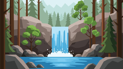 Serene natural landscape illustration featuring a vibrant blue waterfall cascading between large brown rocks into a calm pool surrounded by a dense, stylized pine forest environment