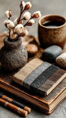 Sustainable Workspace Design, a serene desk arrangement featuring neutral colors, eco-friendly materials, and organic textures, promoting creativity and environmental mindfulness.