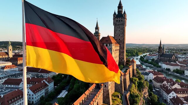 German flag waves proudly above the cityscape of Ulm, Germany at sunrise