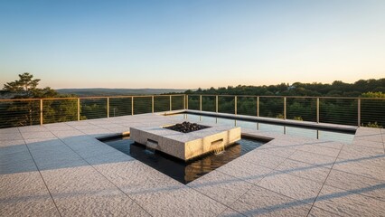Outdoor modern terrace with fire pit and water feature. Luxurious rooftop patio design for relaxation and entertainment concept. Resort architecture.