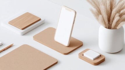 Eco-friendly workspace arrangement featuring a cork pad, a paper notepad, and a wooden phone stand, promoting sustainability and minimalism in office design