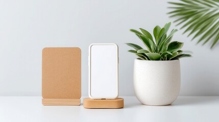 Sustainable Office Essentials, a flat lay showcasing a cork pad, a paper notepad, and a wooden phone stand, highlighting eco-friendly workspace organization and design.