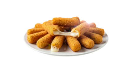 Fried mozzarella cheese sticks on white plate