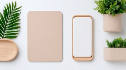 Eco-friendly office arrangement featuring a cork pad, a paper notepad, and a wooden phone stand, promoting sustainability and organization in workspace design