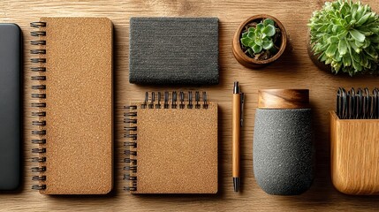 Sustainable Office Workspace Arrangement, featuring a cork pad, paper notepad, wooden phone stand, and ample free space for a clean, eco-friendly aesthetic.