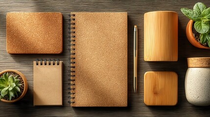 Sustainable Office Workspace, organized flat lay featuring a cork pad, paper notepad, wooden phone stand, and ample free space for a clean aesthetic
