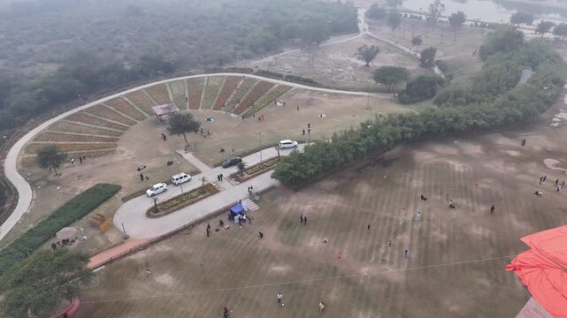 Aerial view of Baansera Park in Sarai Kale Khan, Delhi, India, showcasing the urban park landscape