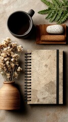 Minimalist Workspace Aerial View, clean design, natural materials, beige tones, spacious layout, inviting atmosphere, organized elements, modern simplicity