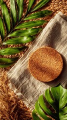 Sustainable Workspace Aerial View, clean and organized setting featuring plant leaves, cork coaster, and a soft beige linen backdrop, inviting and eco-friendly atmosphere