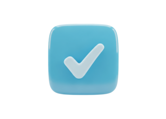 Shiny blue square button with a white check mark icon on a transparent background, representing confirmation