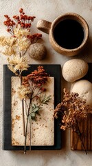 Beige Eco Desk Arrangement, a top-down view featuring a minimalist setup with handmade stationery, inviting free space, and a warm, calming aesthetic