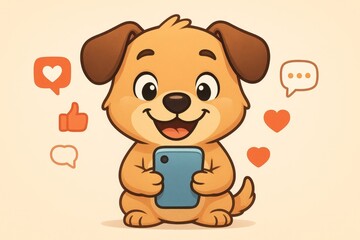 Obraz premium cartoon dog sits with smartphone smiling and surrounded by hearts and thumbs up symbols showing happiness in bright colors