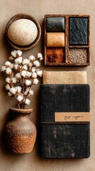 Beige Eco Desk Arrangement, a harmonious top-down view featuring handmade stationery, minimalistic design, and ample free space for creativity and productivity.
